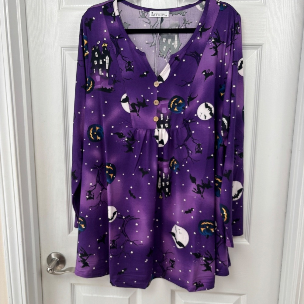 Latwiiv Purple Halloween Tunic Top Women 4X Haunted House Witch Pumpkin Babydoll